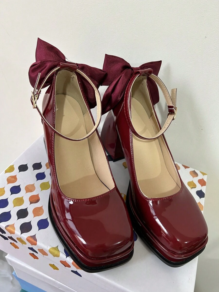 女式酒紅色專利皮瑪麗珍鞋，帶蝴蝶結裝飾，適用於春季 - 酒紅色 - 查看 1