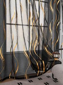 1pc Modern Abstract Line Print Sheer Curtain, Home Living Room Bedroom Decorative Curtain, Floor-Length Translucent Window Curtain - Black - View 2
