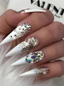24 Piezas/set Uñas Postizas Con Pedrería Borealis Estilo Stiletto Adecuadas Para Fiestas,baile O Uso Diario - Blanco - Ver 1