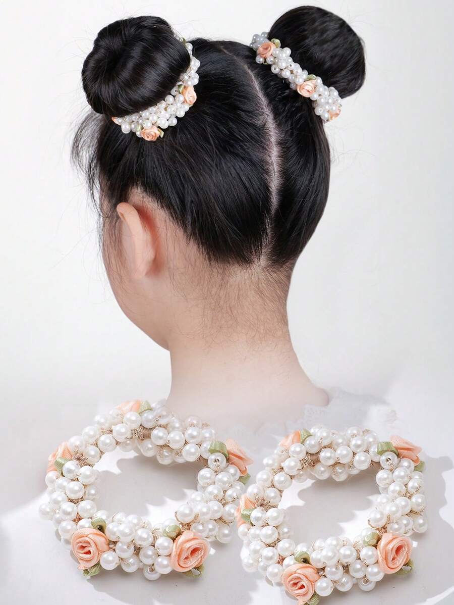 2 Piezas Bandas De Pelo Rosa Claro Decoradas Con Flores Y Perlas Adecuadas Para La Vida Diaria Y El Peinado De Moño De Las Niñas - Rosa coral - Ver 1