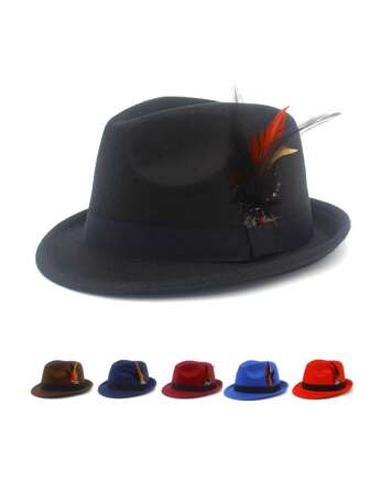 Vintage 1pc Men's Feathered Flat Brim Fedora Hat With Checkered Band, Suitable For Daily Wear And Holidays Halloween