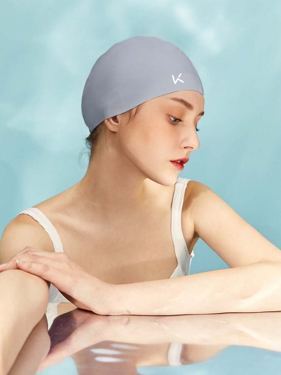 1pc Waterproof Long Hair Protecting Ear Comfortable Silicone Swimming Cap - Light Grey - View 1