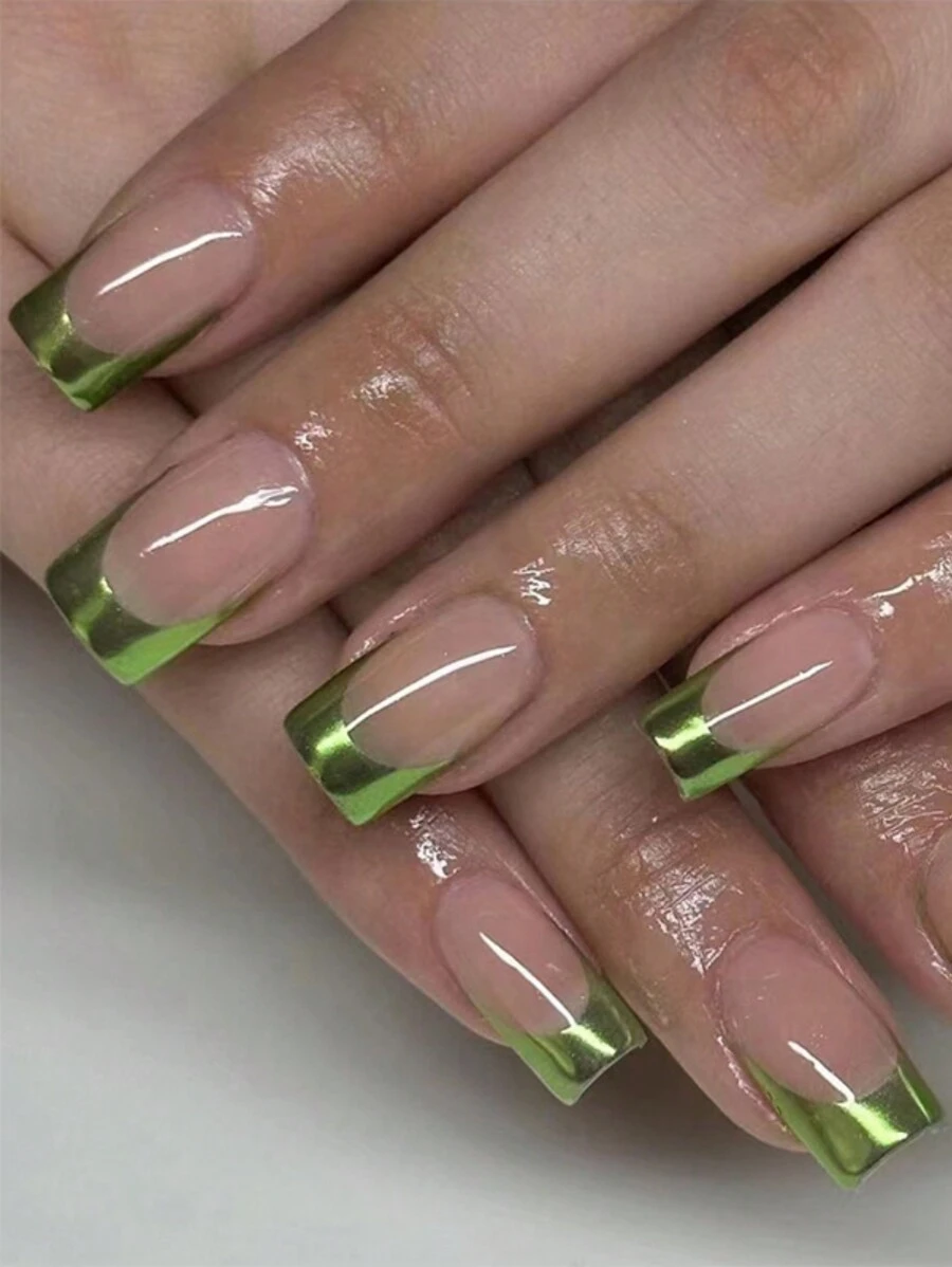 24 片指甲贴绿色法式美甲方形可穿戴指甲产品，醒目的绿色，个性化辣妹风格可穿戴指甲贴，配有 1 块果冻胶和 1 个迷你指甲锉按压指甲用品 - 綠色 - 查看 1