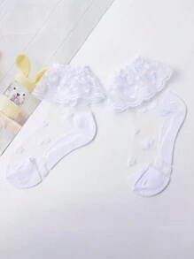 1pair Ultra-Thin Knee-High Lace Trim Sheer Ruffled Socks, Toddler/Baby Girls