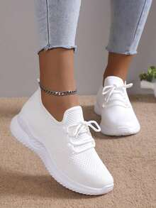 Của phụ nữ Đúng mốt Thoáng khí Giày thể thao , Giải trí Thiết kế Với Màu thuần Lưới Và Ren - trắng - Xem 4