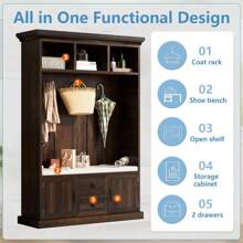 70.9 Inch White Hall Tree, 3 In 1 Farmhouse Mudroom Bench With Storage And 4 Hooks, Wood Entryway Coat Rack Shoe Bench, Soft Cushion And Storage Drawers For Living Room, Bedroom, Hallway. - Brown - View 7