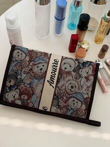 Bolsa de cosméticos de mano de tela de poliéster con estampado de oso lindo, organizador de tocador portátil y de moda para interiores y exteriores con compartimentos de malla para gran capacidad, bolsa de maquillaje, estuche de maquillaje, accesorios de maquillaje, artículos de viaje, esenciales de viaje para mujeres