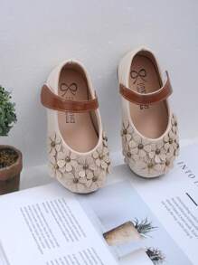 女童花朵钩环皮革乐福鞋，时尚儿童鞋防滑软底莫卡辛鞋，春/秋 - 米色 - 查看 6