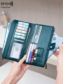 MIYIN RFID Blocking Large Capacity Women's Wallet, Vintage Zipper Soft Leather Material, Multiple Card Slots & Clear ID Window, Can Hold Credit Cards/ID/Cash/Phone, Quilted Detail Design, Can Be Used As A Clutch, Anti-Theft, Long Wallet - Teal Blue - View 2