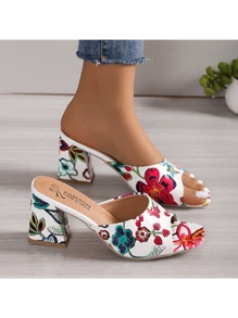 Summer European And American Style Chunky Heeled Sandals, Sexy Strap Peep-Toe Platform Slides, Random Printed Floral Designs - White - View 2