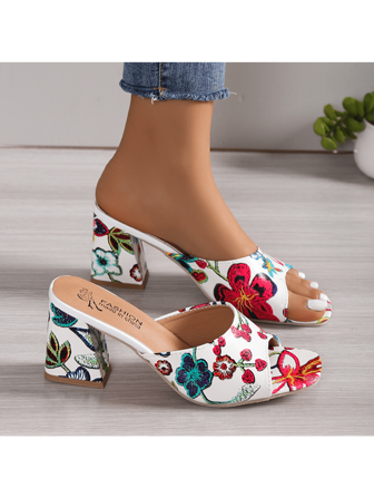 Summer European And American Style Chunky Heeled Sandals, Sexy Strap Peep-Toe Platform Slides, Random Printed Floral Designs