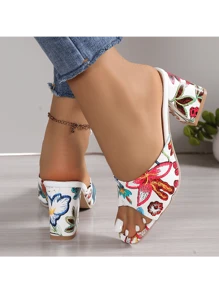 Summer European And American Style Chunky Heeled Sandals, Sexy Strap Peep-Toe Platform Slides, Random Printed Floral Designs - White - View 6