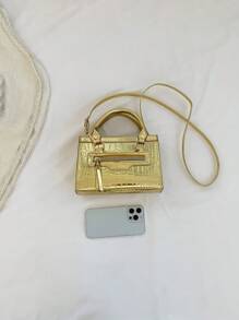 Mini Crocodile Pattern Fashionable Multi-Use Zipper Closure Handbag With Detachable Shoulder Strap For Women, Animal Print Women Bag - Gold - View 3