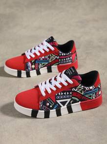 Frauen Freizeit Sportschuhe Mit Zufälligen Drucken Und Vorderen Schnürsenkeln Aus Leinwand Männer Schuhe, Modische Vollbilder Graffiti Skateboard Schuhe, Beliebte Und Vielseitige Paarschuhe