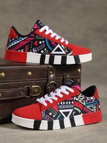 Frauen Freizeit Sportschuhe Mit Zufälligen Drucken Und Vorderen Schnürsenkeln Aus Leinwand Männer Schuhe, Modische Vollbilder Graffiti Skateboard Schuhe, Beliebte Und Vielseitige Paarschuhe