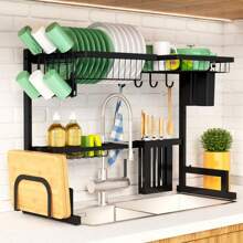 Adjustable Over The Sink Dish Drying Rack,Sink Drying Rack For Kitchen Sink With Large Capacity, 2-Tier Dish Rack Over Sink With Multifunctional Baskets,Black,23.6" To 35"X21.2" - Black - View 1