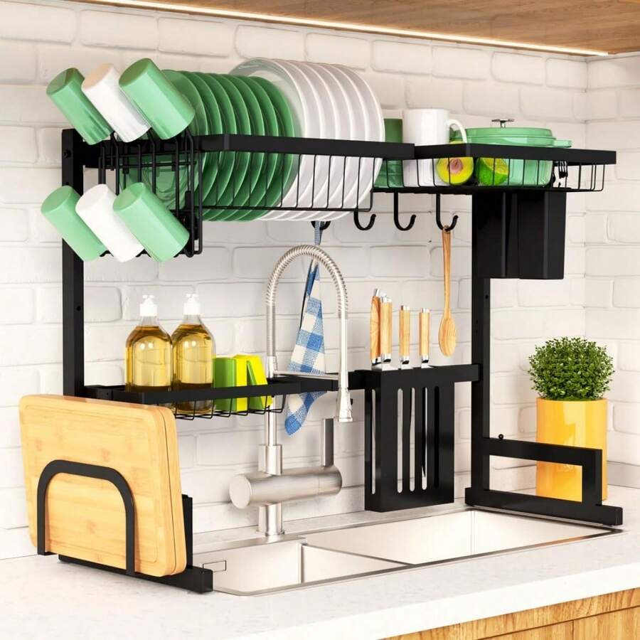 Adjustable Over The Sink Dish Drying Rack,Sink Drying Rack For Kitchen Sink With Large Capacity, 2-Tier Dish Rack Over Sink With Multifunctional Baskets,Black,23.6" To 35"X21.2" - Black - View 1