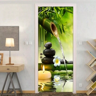 1pc/2pcs Self-Adhesive Waterproof & Dirt-Resistant Door Sticker, Bamboo Stone Water Pattern Wall Decal For Indoor/Outdoor Wall, Closet, Cabinet Decoration, Stickers, Wall Decal, Vinyl Decal For Home Decorations, Spring Decoration Items Refresh Your Home, Festival Decoration Stickers Gifts Birthday Graduation