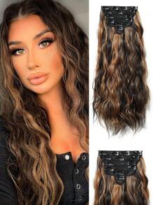 6入組柔軟的波浪捲髮,20英寸棕色突出顯色的夾式合成捲髮,綿密捲髮女士發夾式全頭合成纖維擴增頭髮件 - 間色 - 查看 1