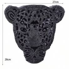 1pc Black Rope Embroidered Leopard Head Design Fabric Patch With Glue - Black - View 2