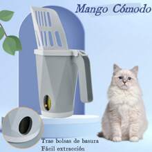 Cuchara para Arena para Gatos, Pala Gato 2 en 1,Kit de Pala de Arena para Arena para Gatos, Sistema de Cuchara para Tamiz de Arena para Gatos, Portátil Desmontable,con 60 Bolsa de Basura - Gris - Ver 2