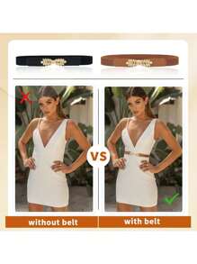 Boho 1pc Leaf Elastic Belt Pu Leather Waist Belt Leaf Buckle Fashion Joker Women's Elastic Narrow Waist Dress Waist Belt Is Suitable For Daily Collocation Summer, School