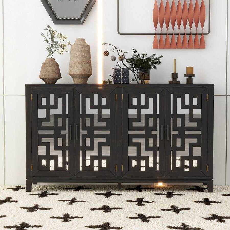 Nestfair Retro 4-Door Mirrored Buffet Sideboard With Metal Pulls