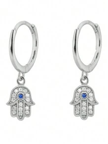 Cubic Zirconia Hamsa Hand Drop Earrings - Silver - View 1