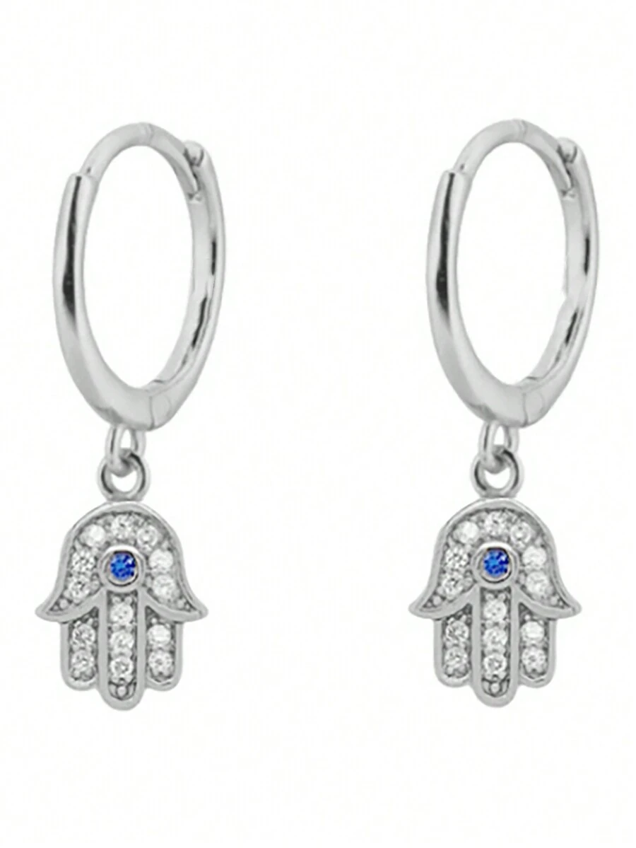 Cubic Zirconia Hamsa Hand Drop Earrings - Silver - View 1