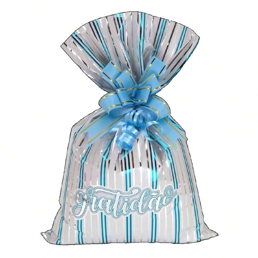 50 sacos de presente metalizados frases Gratidão - 418 Gratidão Branco c/ Azul - Visão 1