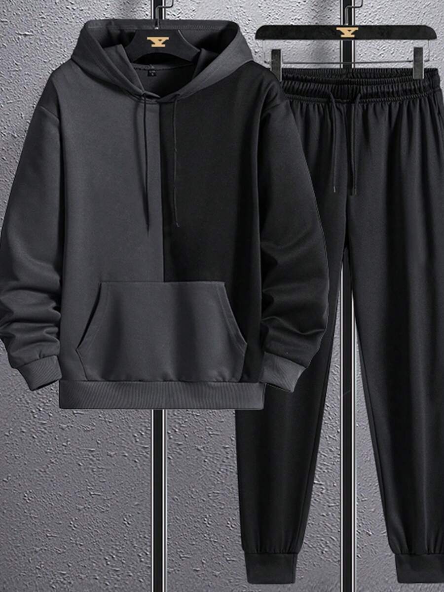 男士2024年新款春秋色塊束口帽衫和運動長褲休閒運動套裝,運動套裝,田徑服 - 深灰色 - 查看 1