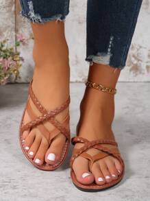 女士棕色平底凉鞋、夏季时尚沙滩拖鞋、棕色女士人字拖 - 棕色 - 查看 5