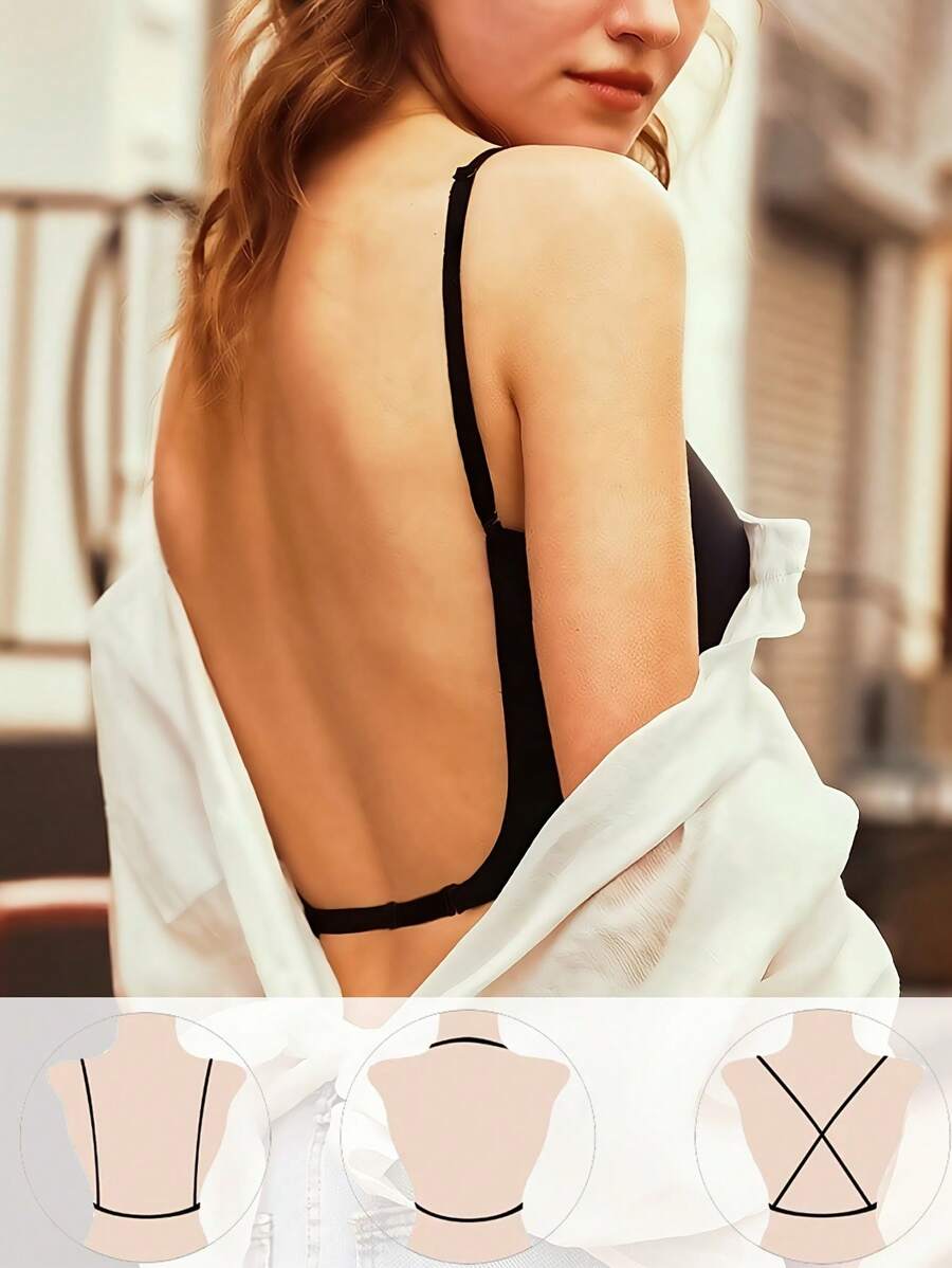 Sexy Women's Deep U-Backless Seamless Push Up Bra, Adjustable Lingerie - Black - View 1