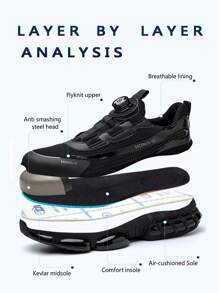 Men And Women Safety Shoes With Rotary Buttons, Comfortable And Secure, Anti-Smashing And Anti-Piercing Work Shoes, Lightweight And Breathable Worksite Protective Shoes, Black Air Cushion Summer Model For Men And Women - Black - View 8