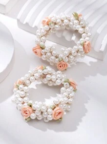 2 Piezas Bandas De Pelo Rosa Claro Decoradas Con Flores Y Perlas Adecuadas Para La Vida Diaria Y El Peinado De Moño De Las Niñas - Rosa coral - Ver 3