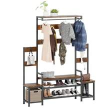 JAMFLY Parent-Child Hall Tree With Bench & Shoe Storage And Free Standing Coat Rack, Entryway Rack With Metal Frame And Hooks For Entrance, Foyer, Mudroom - màu nâu - Xem 7