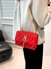 Fashionable Versatile Texture Press Stud Chain Shoulder Bag, New Arrival - Red - View 5