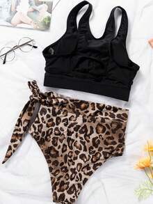 女式高腰比基尼套裝，綁帶二件式比基尼套裝，花卉印花泳裝，高腰泳衣 - 彩色 - 查看 4