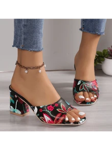 European And American Fashion Thick Heel High Heel Women's Sandals, Sexy Slide Peep-Toe Platform Outdoor Slippers, Random Floral Prints - Black - View 4