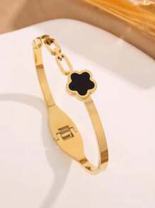 1 chiếc vòng tay bằng thép không gỉ thời trang và phổ biến tự tạo với phong cách sang trọng cao cấp, thiết kế không phổ biến, phong cách độc đáo ngọt ngào thanh lịch tinh tế tươi mới sáng tạo cá nhân hóa hình hoa năm cánh và vỏ sò đen rỗng cho phụ nữ, đeo hàng ngày hoặc làm quà tặng ngày lễ tình nhân - vòng tay kim cương hoa - Xem 3