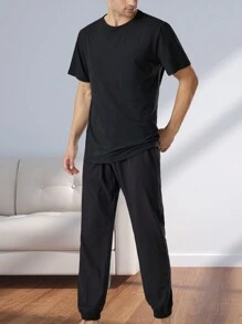 2 件/套男士睡衣套裝彈性 T 卹短袖速乾舒適柔軟休閒長褲,男士家居服套裝 - 黑色 - 查看 1