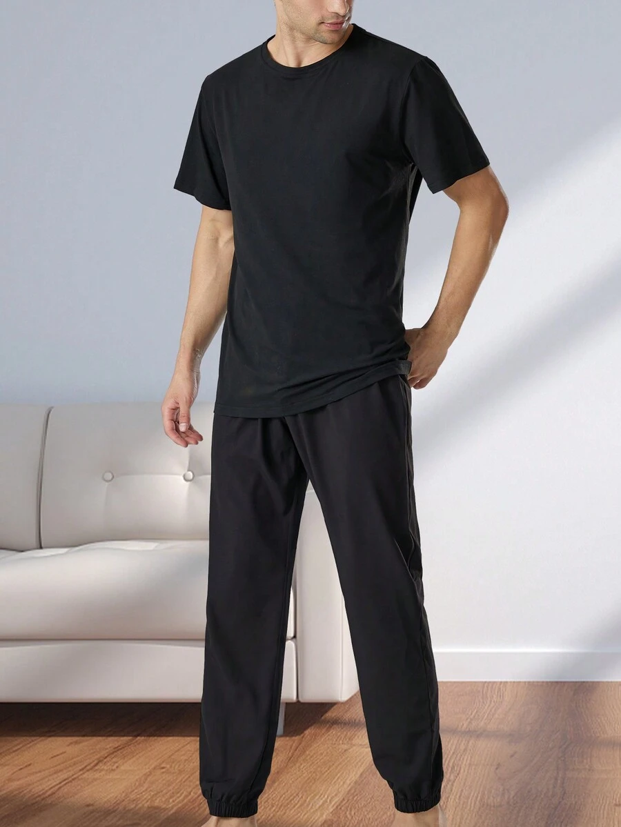 2 件/套男士睡衣套裝彈性 T 卹短袖速乾舒適柔軟休閒長褲,男士家居服套裝 - 黑色 - 查看 1
