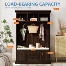 70.9 Inch White Hall Tree, 3 In 1 Farmhouse Mudroom Bench With Storage And 4 Hooks, Wood Entryway Coat Rack Shoe Bench, Soft Cushion And Storage Drawers For Living Room, Bedroom, Hallway. - Brown - View 4