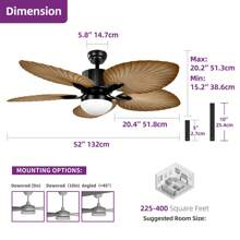 52 Inch Tropical Ceiling Fans With Lights And Remote Modern Fan Light With 5 Palm Leaf Blades Memory Function For Indoor - 淺木紋 - 查看 2