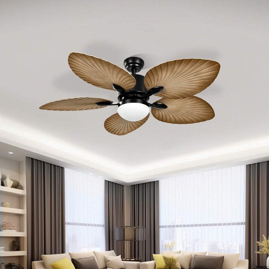 52 Inch Tropical Ceiling Fans With Lights And Remote Modern Fan Light With 5 Palm Leaf Blades Memory Function For Indoor - 淺木紋 - 查看 1