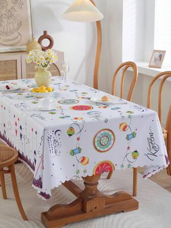 1條防水防油矩形桌布,擁有節慶和現代數字印花圖案設計,適用於室內和室外場景的裝飾,是節日慶祝活動桌面的理想選擇