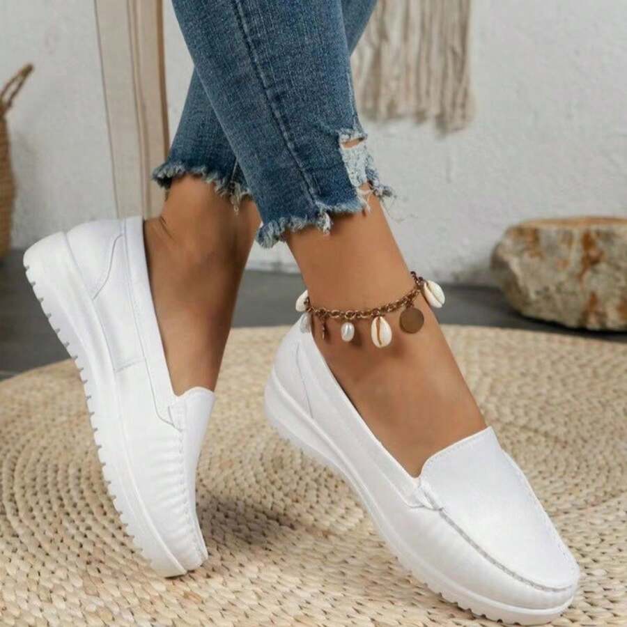 女士開車鞋，春秋新款休閑平底鞋，柔軟防滑鞋底 - 白色 - 查看 1