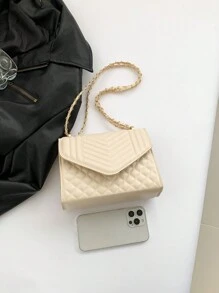 Detail Chain Square Bag, Minimalist Flap Shoulder Bag, Fashion Crossbody Purse For Women Mini Quilted Crossbody Bag, Elegant Flap Shoulder Bag, Women's Fashion Handbag & Purse - Beige - View 6