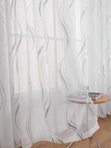 1pc Transparent Wave Striped Foiled Sheer Curtain - White - View 5