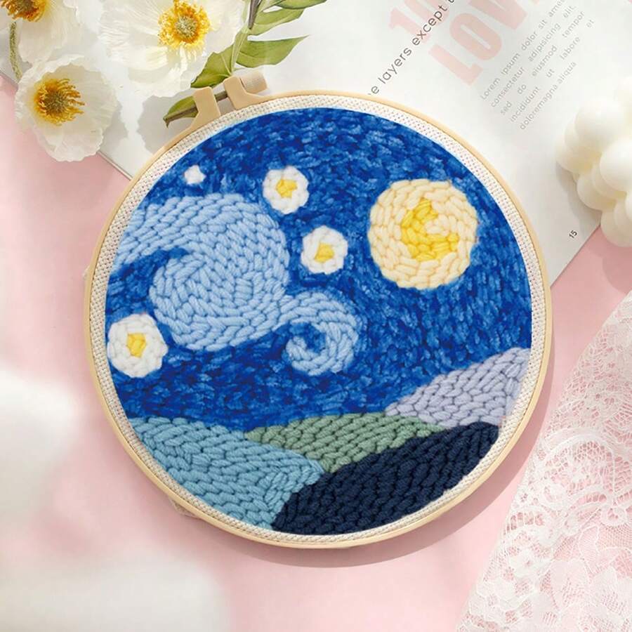 1pc Diy Punch Needle Weaving Embroidery Kit With Cute Animal & Scenery Pattern, Beginner's Embroidery Kit With Embroidery Hoop, Color Threads, Punch Needle, Instructions, Creative Gift For Simple Embroidery Crafts & Home Decor - J - View 1